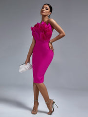 Vanissy - Robe de soirée à bandes roses pour femme : tenue de ix à plumes, midi élégante, sexy, sans bretelles, pour anniversaire, boîte de nuit, été 2023