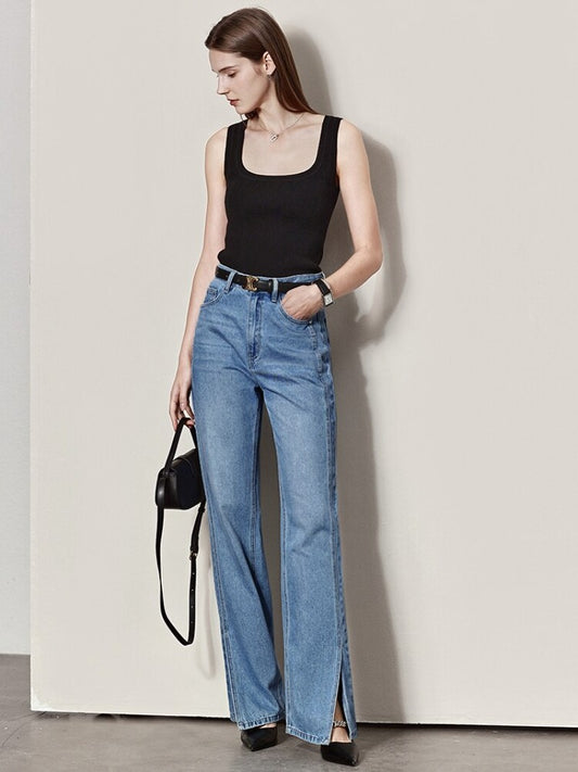 Vanissy - Jean de printemps minimaliste pour femmes - Pantalon en denim à jambes larges, ample et droit, à la mode