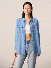 Vanissy - Chemises et chemisiers en lyocell minimalistes pour femmes - Chemise décontractée à manches longues, col coloré, vêtements féminins en bleu