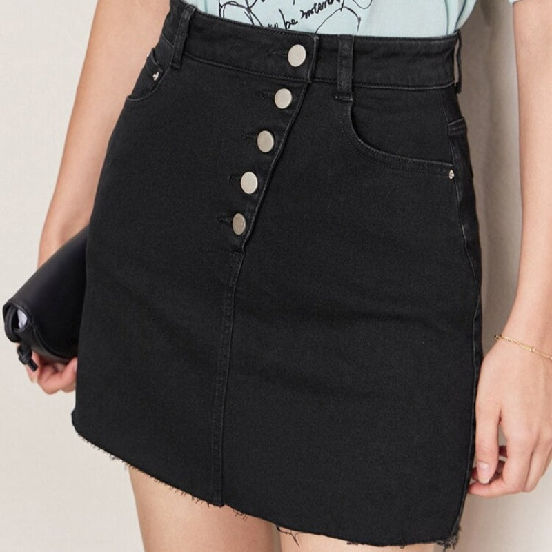 Vanissy - Mini-Jupe en Jean Noir pour femme, Tendance Garde-robe, Modernité, minimaliste, Mini-jupe