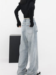 Vanissy - Jean Bleu Clair à Poches pour Femme - Pantalon Taille Haute à Jambes Larges - Baggy Vintage - Nouvelle Collection Automne