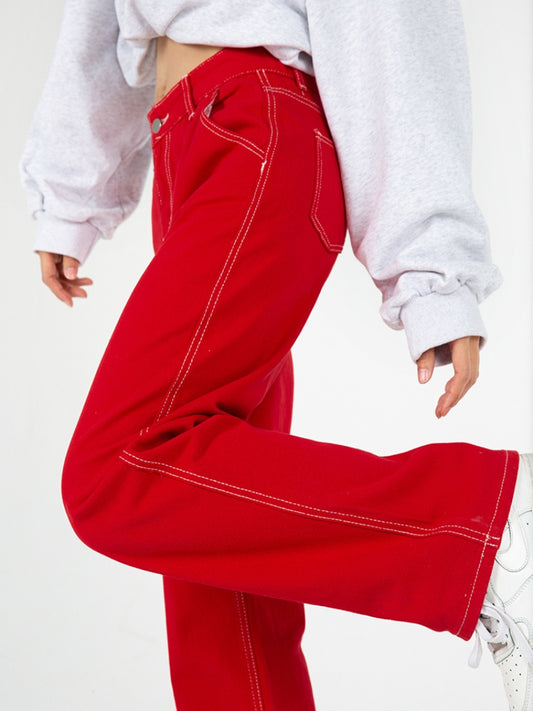 Vanissy - Jean Rouge Taille Haute pour Femme : Pantalon en Denim, Grande Taille, Jambes Larges, Baggy, Design Chic, Streetwear, Vintage, Été