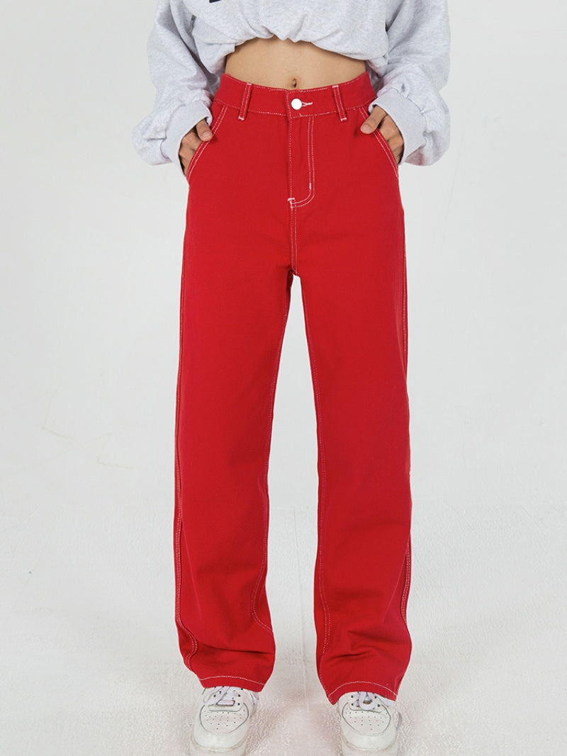 Vanissy - Jean Rouge Taille Haute pour Femme : Pantalon en Denim, Grande Taille, Jambes Larges, Baggy, Design Chic, Streetwear, Vintage, Été