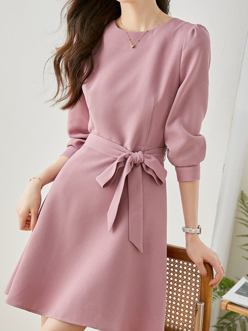 Vanissy - Mini robe rose vintage pour femmes : nouveau style coréen, manches longues, coupe trapèze, ceinture fine, robe d'anniversaire, printemps