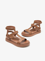 Vanissy - sandales de gladiateur d'été en cuir de veau pour femmes, chaussures faites à la main, à bout ouvert, sangle en T, crochet et boucle
