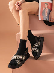 Vanissy - Sandales à Plateforme en Cuir et Laine pour Femme, Chaussures Tricotées avec Perles, Streps Croisés, Faites à la Main