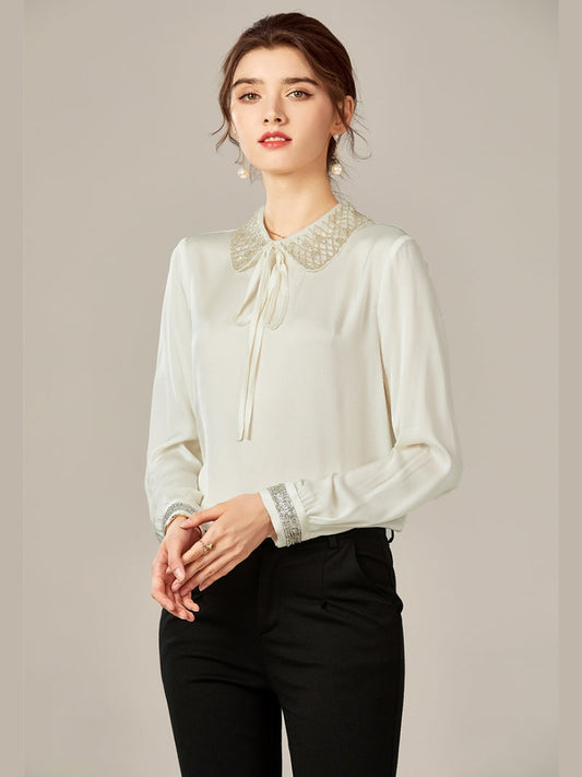 Vanissy - Chemise en soie véritable naturelle pour femme - Élégante chemise à manches longues avec col rabattu, nœud avec perles, couleur unie, parfaite pour le bureau