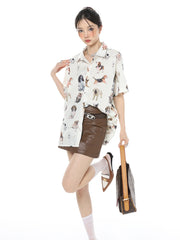 Chemise à col polo imprimé animal pour femmes - Vêtements blancs à la mode américaine, loisirs vintage pour un été tendance, avec nouveau cardigan à manches courtes