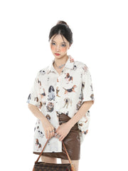 Chemise à col polo imprimé animal pour femmes - Vêtements blancs à la mode américaine, loisirs vintage pour un été tendance, avec nouveau cardigan à manches courtes