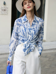 Vanissy - Chemisier minimaliste en mousseline de soie pour femme - Imprimé porcelaine bleu et blanc, chemises à la mode pour une robe de printemps nouvelle