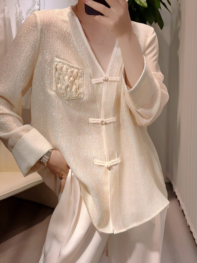 Vanissy - Chemises vintage à col en V pour femmes - Chemisiers élégants au style chinois, tendance mode de l'été