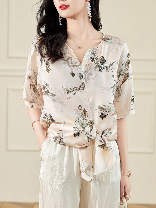 Vanissy - Chemisier à fleurs à col en V pour femmes - Chemises élégantes à demi-manches de Real InjWomen, parfait pour l'été, 100% style