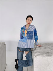 Vanissy - Chemises à col polo à rayures pour femmes - Chemisier ample à manches longues, décontracté et vintage, pour un look mode Y-Ladies