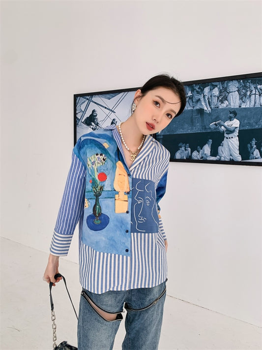 Vanissy -  Chemises à col polo à rayures pour femmes - Chemisier ample à manches longues, décontracté et vintage, pour un look mode Y-Ladies