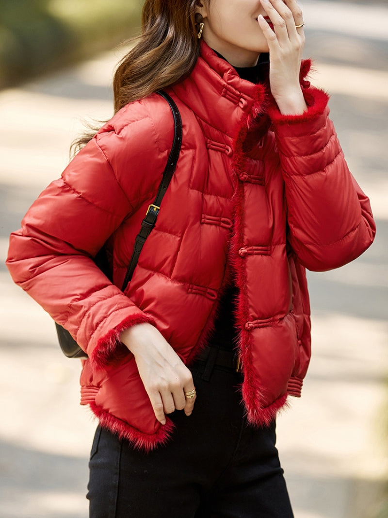Vanissy - Doudoune en duvet de canard rose pour femme - Col montant, courte, optique chaude, combinaison d'hiver, vêtements de luxe élégants