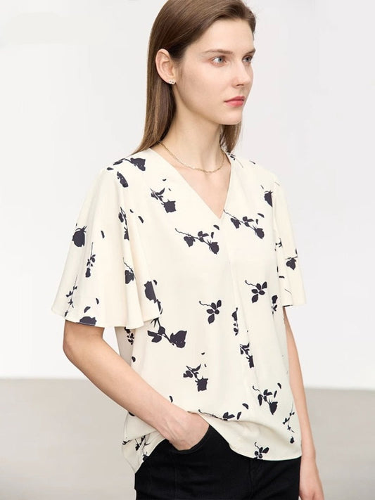 Vanissy - Chemise à manches courtes en mousseline de soie pour femmes - Col en Y, chemisiers College roses, minimalisme français pour un été élégant